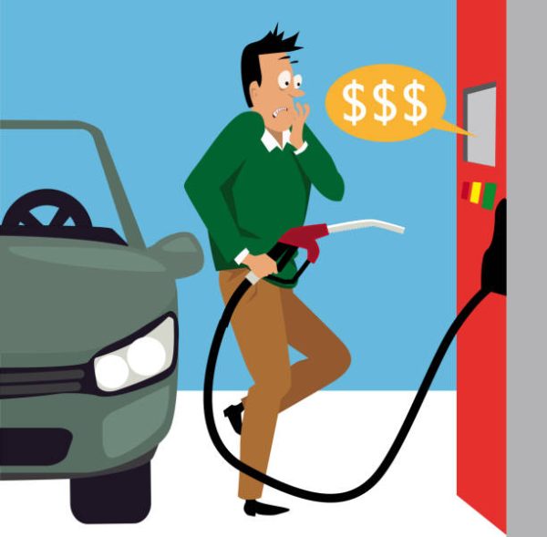 Man shocked by gas prices at the fueling pump, EPS 8 vector illustration