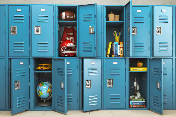 School lockers with items, equipments and accessoires for education. Back to school. 3d illustration